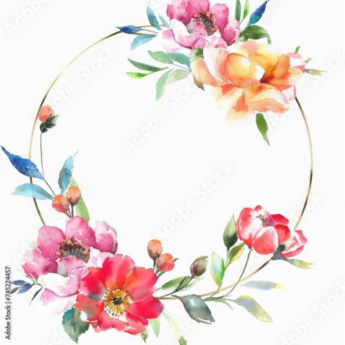 Watercolor flowers in a circular frame on white