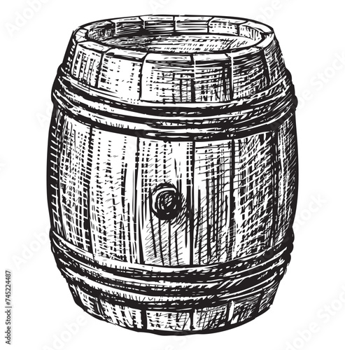 Old wooden wine barrel sketch for wine making, black and white vector hand drawing isolated on white