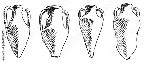 Sketch of four antique Greek amphoras of different shapes, clay pots for wine and water, hand drawn vector illustration isolated on white