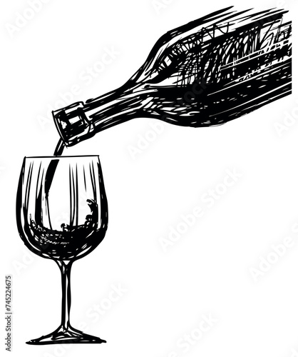Sketch of wine bottle pouring drink into glass, black and white silhouette vector hand drawing isolated on white