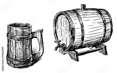 Wooden beer barrel and mug sketches, vector hand drawing isolated on white