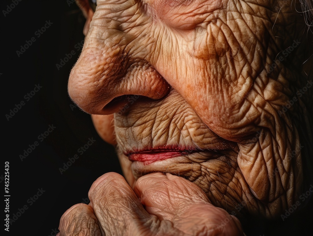 Intimate Close-Up Portrait of a Thoughtful Senior Woman with Hand on Chin Intimate Close-Up Portrait of a Thoughtful Senior Woman with Hand on Chin