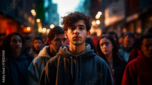Curly-haired youth stands contemplatively in a bustling street crowd, embodying individuality amidst urban chaos. A candid, introspective moment captured with depth and moody lighting.