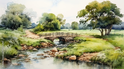Generative AI A picturesque countryside scene with a small bridge over a stream. landscape watercolor
