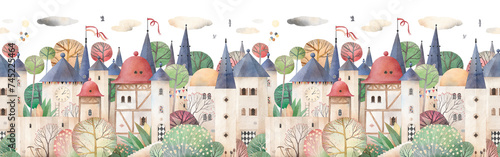 Cute fairytale city. Lovely old houses. Decor for a children room. Watercolor background. Horizontal seamless pattern.