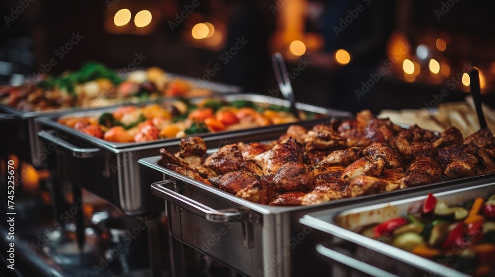 Catering buffet food indoor in restaurant with grilled meat. - obrazy, fototapety, plakaty 