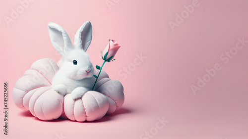 Cute Easter bunny with flower on pastel color background. Happy Easter concept.