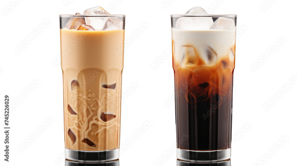 Set of black ice coffee and ice latte coffee isolated on transparent and white background.PNG image Set of black ice coffee and ice latte coffee isolated on transparent and white background.PNG image