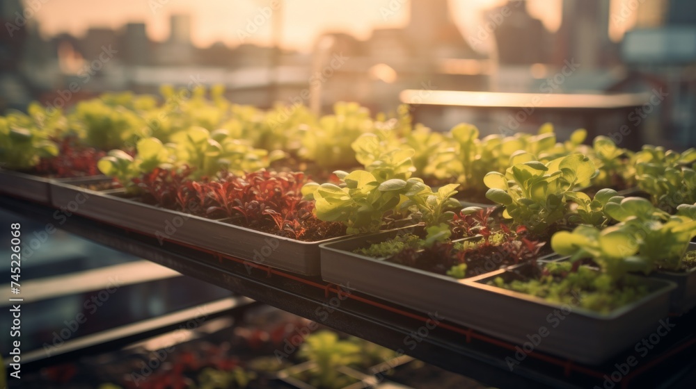 Generative AI A rooftop microgreen garden supplying local markets with fresh and flavorful greens.