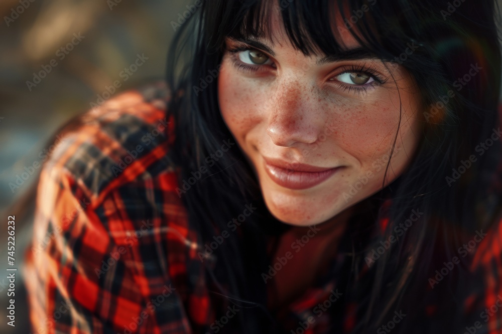 Smiling Woman with Long Black Hair and Bangs in Plaid Flannel Shirt Outdoors Smiling Woman with Long Black Hair and Bangs in Plaid Flannel Shirt Outdoors