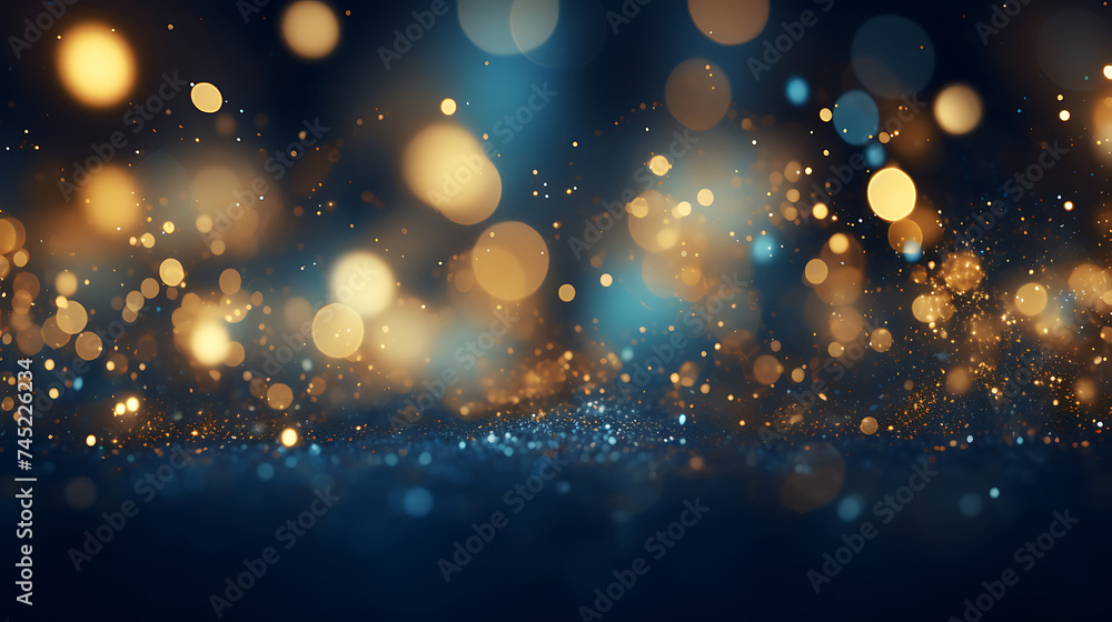 Fototapeta premium abstract background with Dark blue and gold particle. Christmas Golden light shine particles bokeh on navy blue background. Gold foil texture. Holiday concept