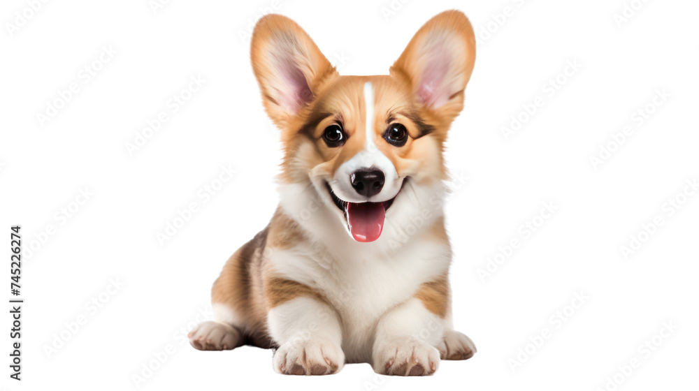 happy panting Welsh Corgi Pembroke Puppy isolated on transparent and white background.PNG image