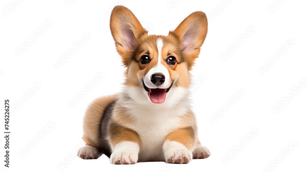 happy panting Welsh Corgi Pembroke Puppy isolated on transparent and white background.PNG image