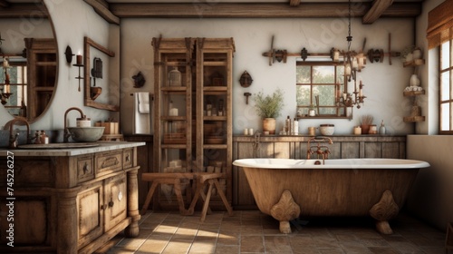 Generative AI A rustic farmhouse bathroom with distressed wood elements, a copper sink, and wrought iron accents