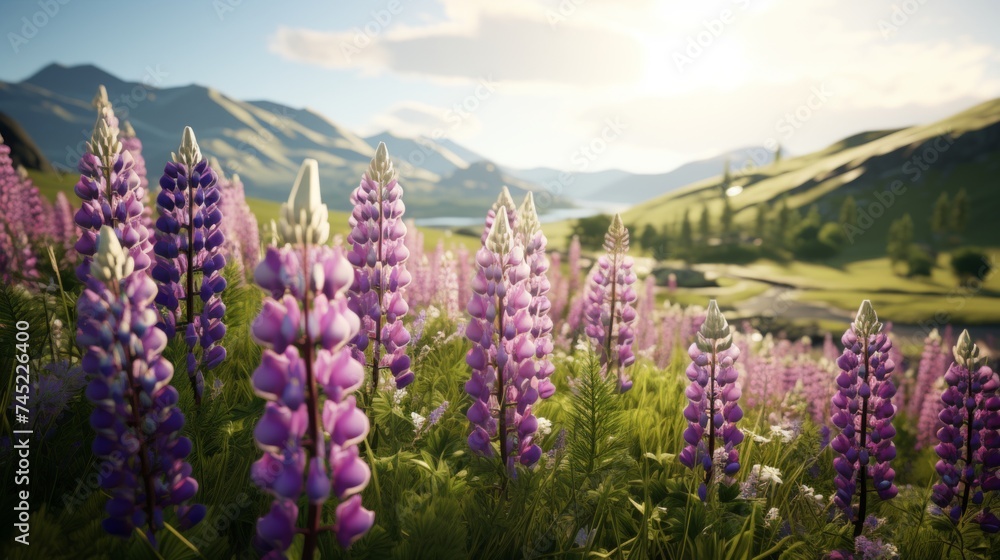 Generative AI A scenic countryside vista showcasing wild lupines and other native spring wildflowers. - obrazy, fototapety, plakaty 