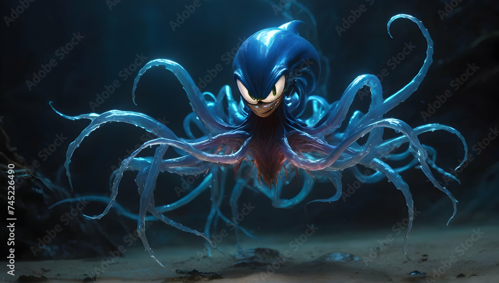 A dazzlingly shimmering sonic symbiote radiates bioluminescent hues, embodying a captivating blend of enchantment and vibrancy. Its luminescent tendrils pulsate with vivid colors, while its ethereal f - obrazy, fototapety, plakaty 
