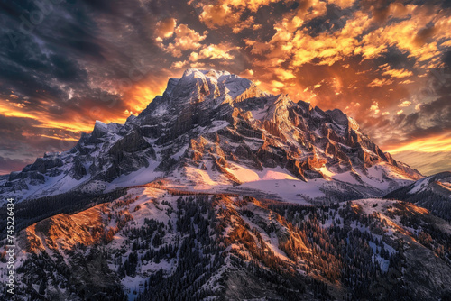 A majestic mountain peak illuminated by the golden light of sunrise