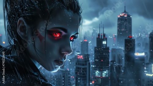 Woman's face with mysterious red eyes on city background photo