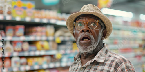 Shocked African American senior retired man in supermarket looking on prices. Poor sections of society lower class. Crisis and price increase concept. Impact of price hike, cost of living, inflation