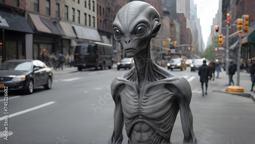 very creepy realistic grey alien standing in the street, new york city, cinematic, unsettling