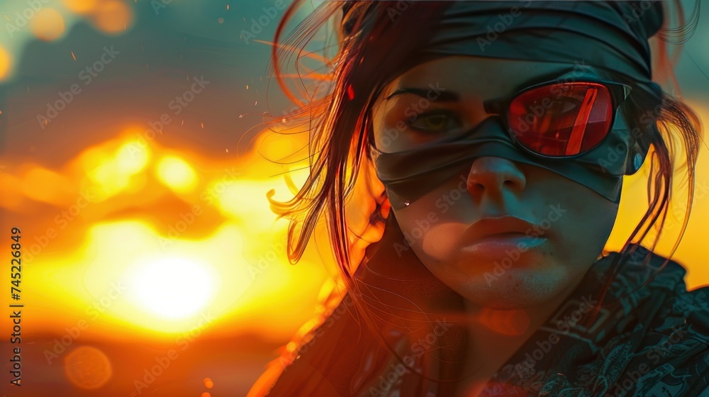 Female Ninja's deadly gaze against the backdrop of a sunset AI generated image