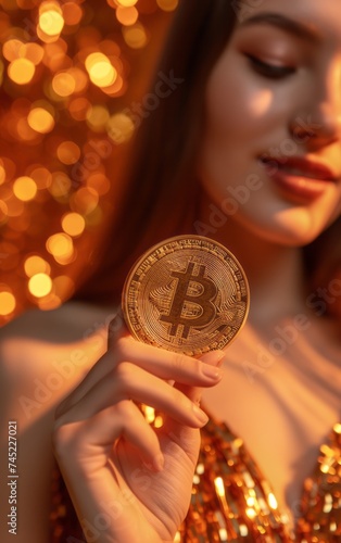 Young gilr holding a physical bitcoin cryptocurrency in her hand.