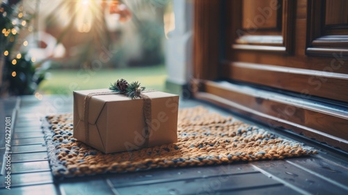 Delivered parcel or box on door mat near entrance © Media Srock