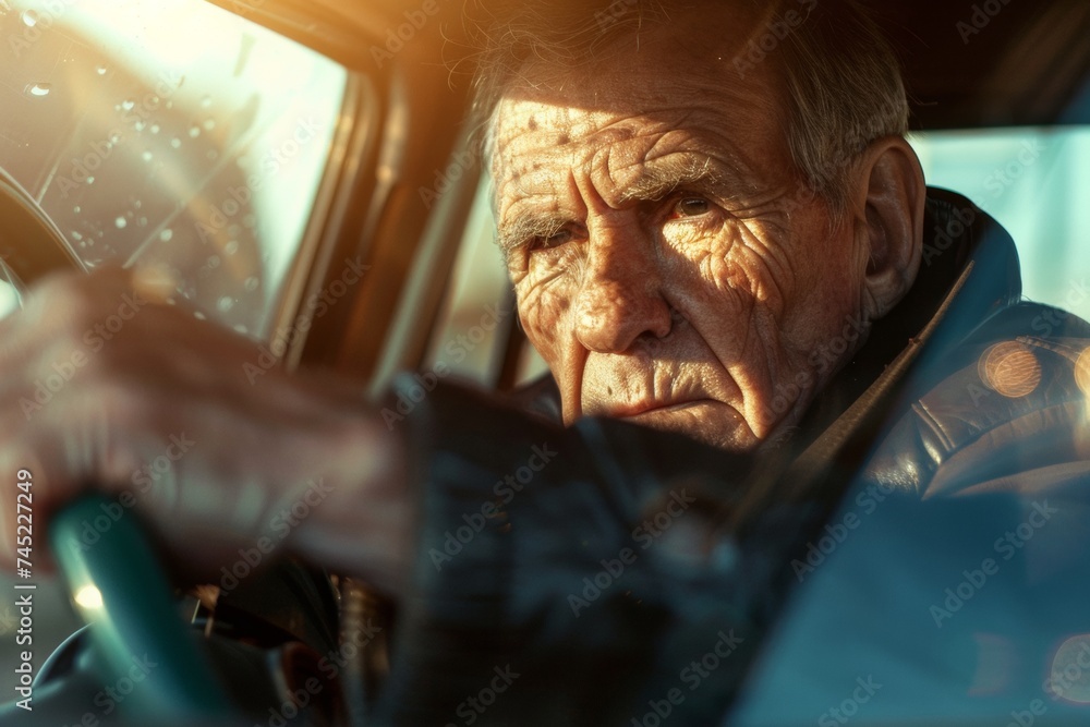Mature Adult Male Driver Concentrating on the Highway Through the Vehicle Window