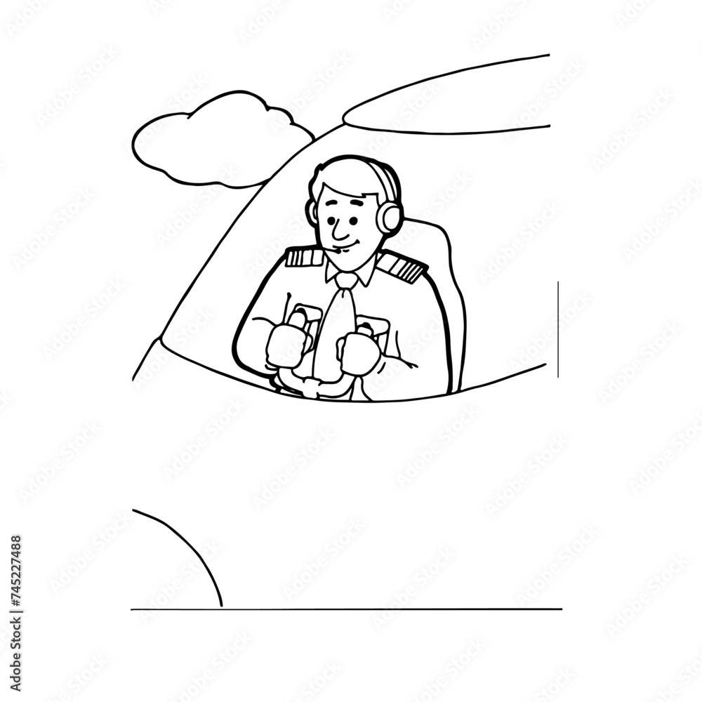 Pilot cockpit plane,Front view airplane captain command of aircraft. Black and white coloring page. Outline can for drawing book and coloring image Pilot cockpit plane,Front view airplane captain command of aircraft. Black and white coloring page. Outline can for drawing book and coloring image