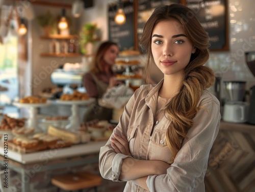 Confident Female Entrepreneur with Arms Crossed in a Coffee Shop