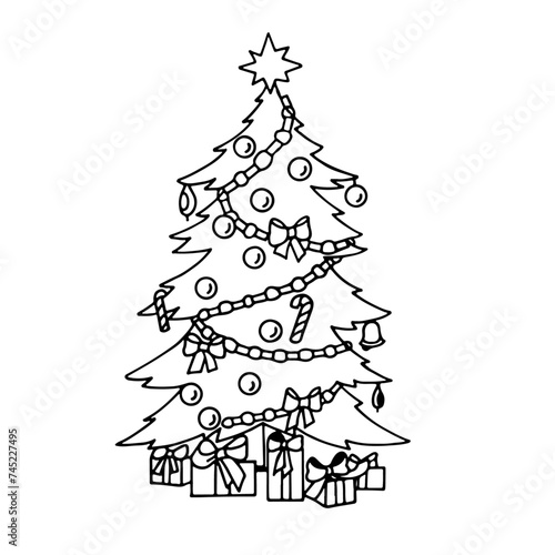 Christmas tree decorated with colorful balls, garland lights and golden star. Hand drawn vector illustration. Vector black and white coloring page.vector outline can for drawing book and coloring imag