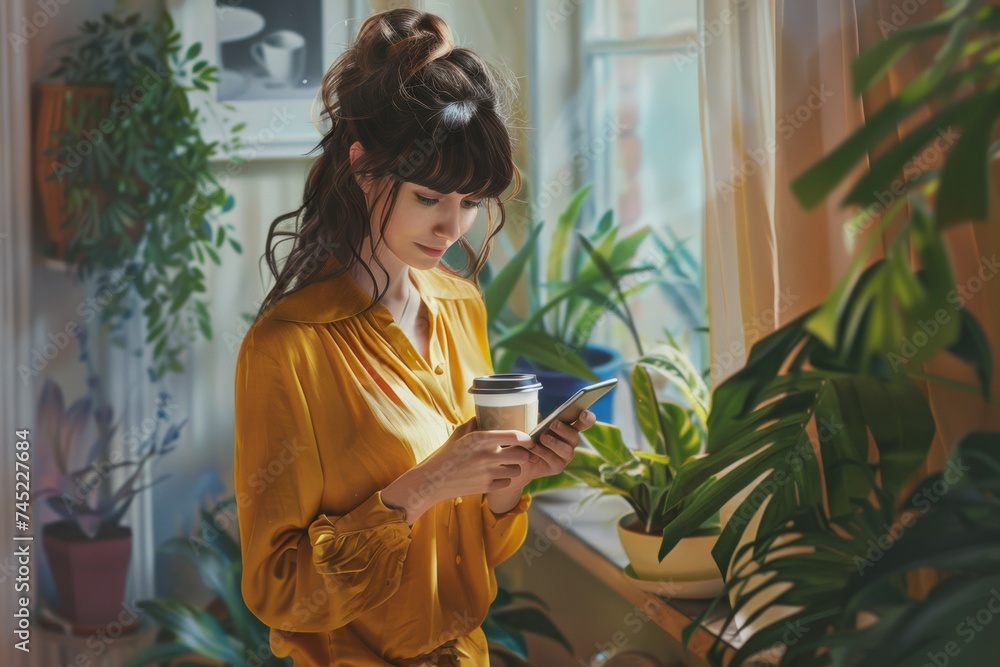 Content Woman in Yellow Blouse Browsing Social Media on Smartphone by Window with Coffee Cup in Cozy Home Setting Content Woman in Yellow Blouse Browsing Social Media on Smartphone by Window with Coffee Cup in Cozy Home Setting