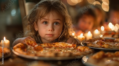 A little girl eyes a pizza on a table, her food craving evident