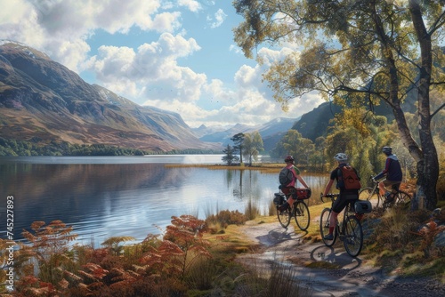 Friends Enjoying a Break and Conversation by Loch Torridon in Wester Ross, Scotland with Bicycles photo