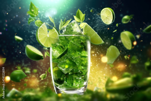 Mojito Cocktail with Fresh Mint and Lime.A refreshing mojito cocktail garnished with lime and overflowing with fresh mint  set against a vibrant green backdrop.
