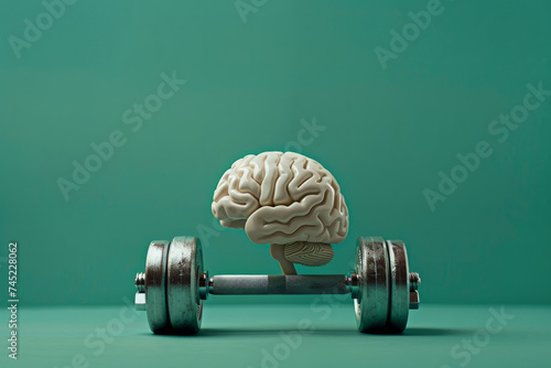 journey of mental fitness with this striking image portraying a human brain lifting a dumbbell against a vibrant green backdrop. concept of mind training , captures the essence of mental strength photo