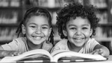 Portrait of 2 kids smiling while readings book in a library, 