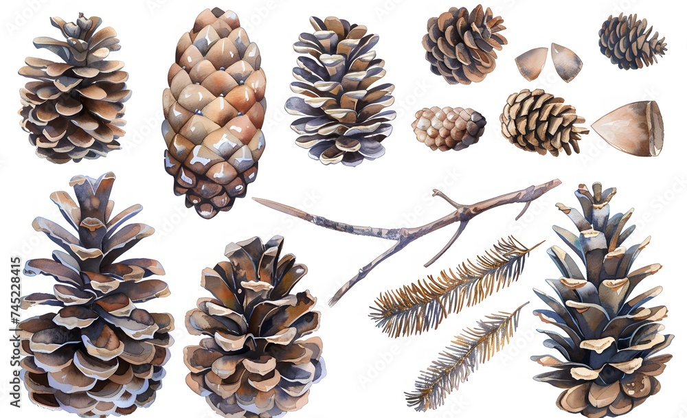 Fototapeta premium Watercolor Pine Cone Branches