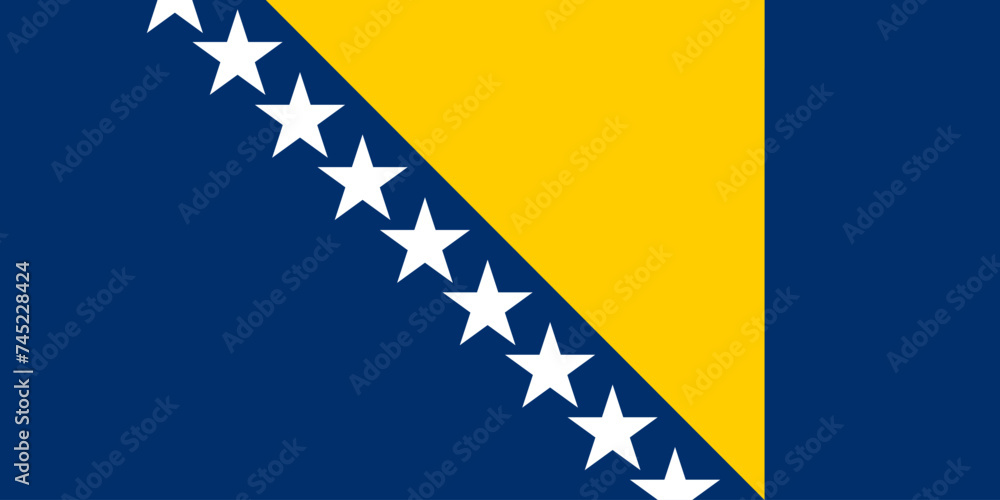 Fototapeta premium Close-up of blue, yellow and white national flag of European Country of Bosnia and Herzegovina with white stars. Illustration made February 25th, 2024, Zurich, Switzerland.