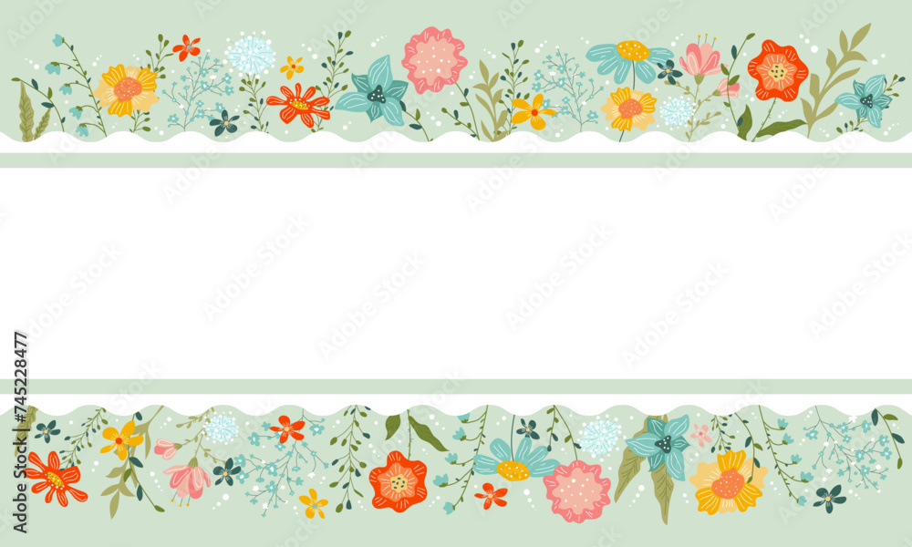 Horizontal frame of spring meadow flowers with copy space. Flostika, hello spring, summer. Blank template for congratulations. Vector stock illustration.
