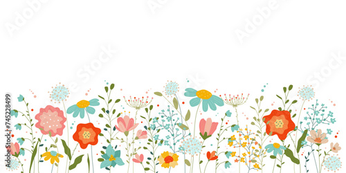 Spring wildflowers on white background.Horizontal banner with copy space.Hello spring.Vector stock illustration.