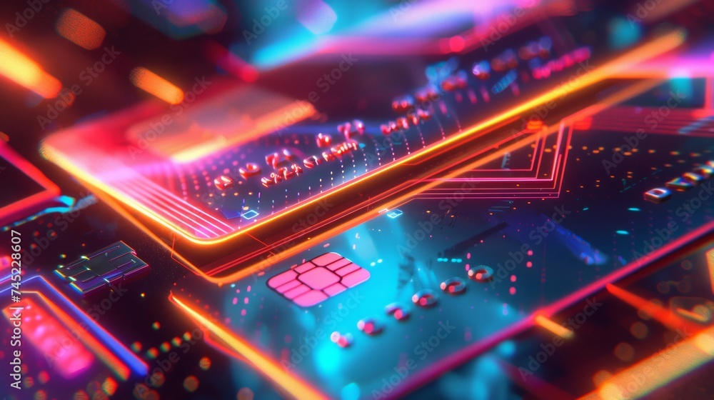 Multicolored Credit Cards in a Futuristic Digital Environment Representing Fintech and Contactless Payment Concepts Multicolored Credit Cards in a Futuristic Digital Environment Representing Fintech and Contactless Payment Concepts