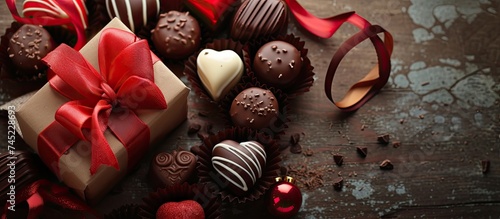 A variety of delicious chocolates are displayed on a table, creating an enticing and tempting arrangement. From truffles to bars, the chocolates offer a mix of flavors and textures, perfect for