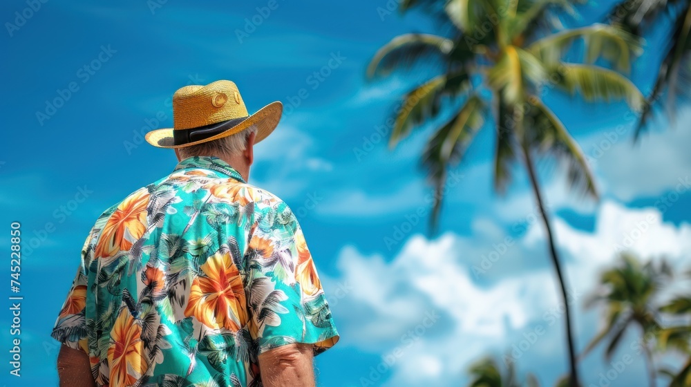 Man in Hawaiian shirt, vibrant and sunny Hawaiian background, clear blue skies