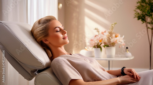 A woman reclines in a dental chair, enveloped in warm light, her face a picture of serenity. This tranquil moment transcends typical dental care, a spa-like ambiance of relaxation and well-being