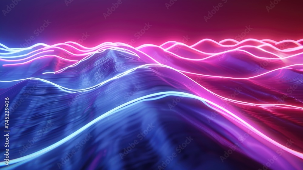 Dynamic neon waves undulate in a vibrant dance of blue and pink on a high-contrast backdrop