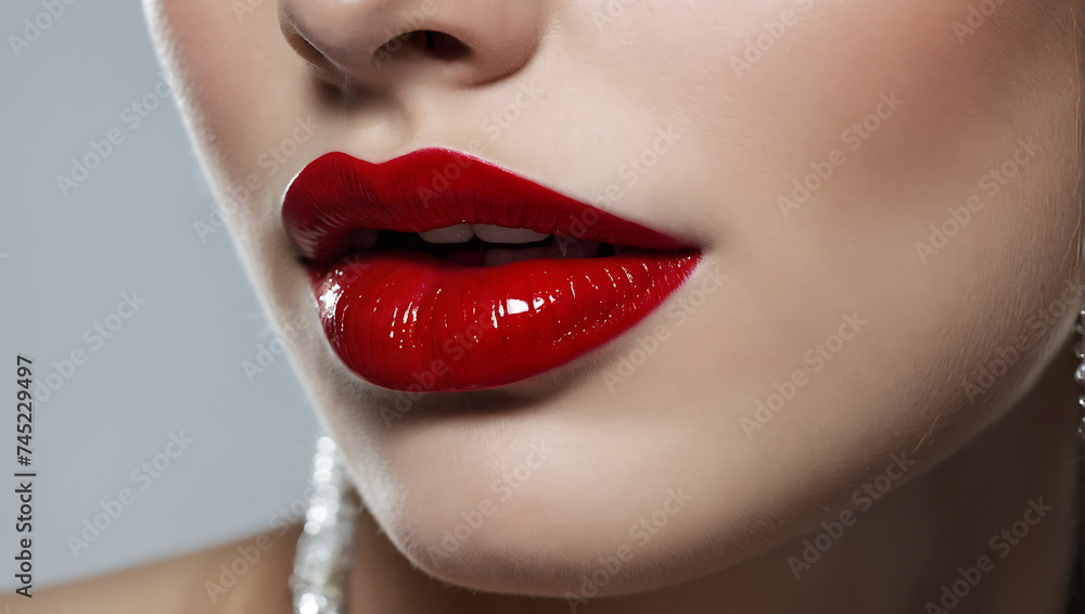 Eleganckie czerwone usta z połyskiem – ikona kobiecego piękna - obrazy, fototapety, plakaty 