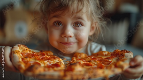 A toddler sharing a smile while holding two slices of pizza  a fast food dish
