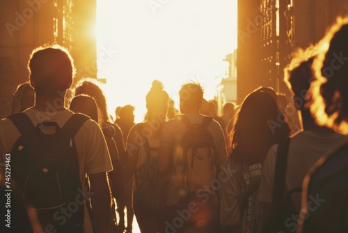 Entrance of a Music Festival with Crowd of Attendees in Warm Evening Light photo