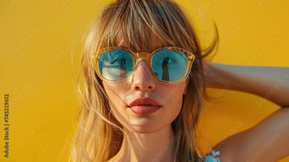 Photo of an american women, wearing high end fashion sunglasses with clear frames and blue tint lenses, Background Photo of an american women, wearing high end fashion sunglasses with clear frames and blue tint lenses, Background